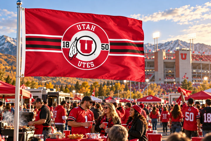 Utah Utes red embroidered flag flying above a football tailgate with stadium and mountains in the background