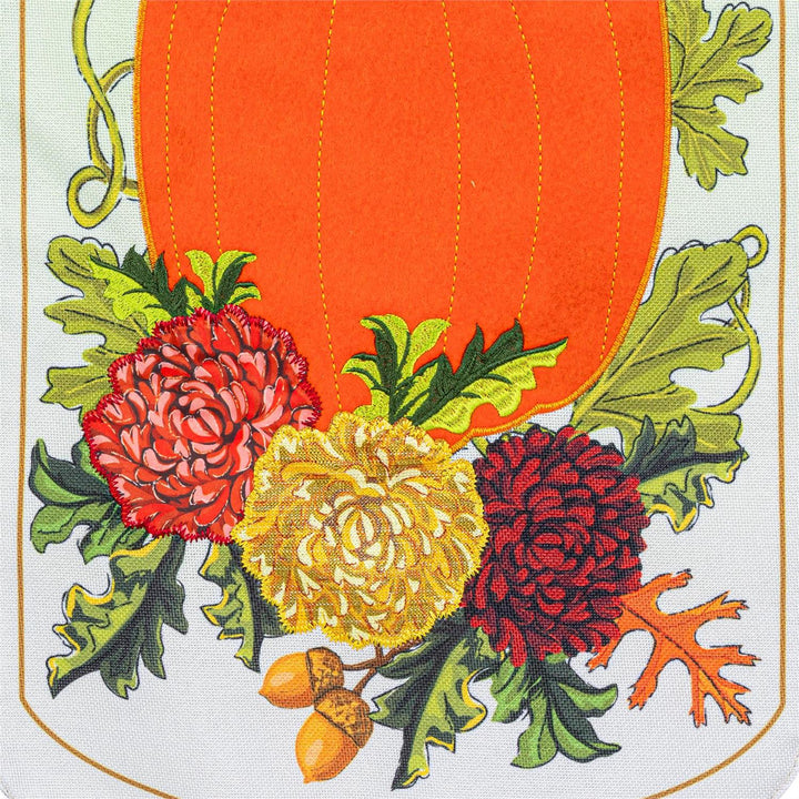 Vintage Welcome Autumn Long Garden Flag full view with pumpkin and mums