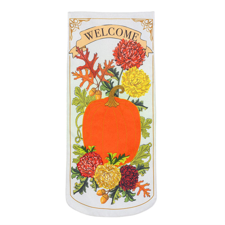 Vintage Welcome Autumn Garden Flag close up detail of pumpkin and chrysanthemums