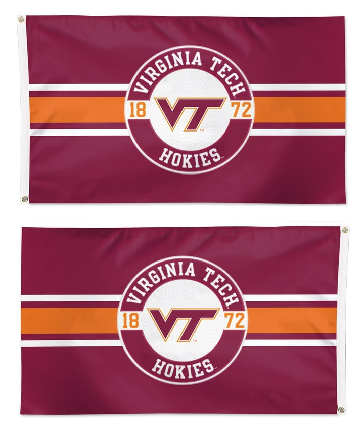 Front and back of Virginia Tech Hokies maroon and orange 3x5 flag with VT emblem and 1872 numerals