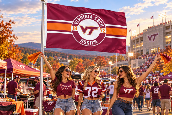 Virginia Tech Hokies flag flying above fans at a football tailgate with autumn trees and a stadium in the background
