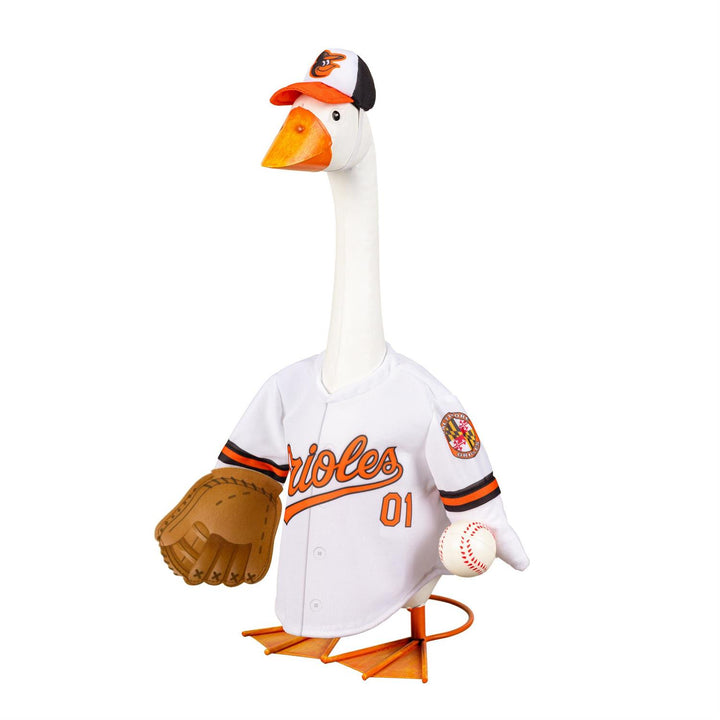 Licensed Baltimore Orioles porch goose outfit with white jersey, team cap, glove and baseball accents