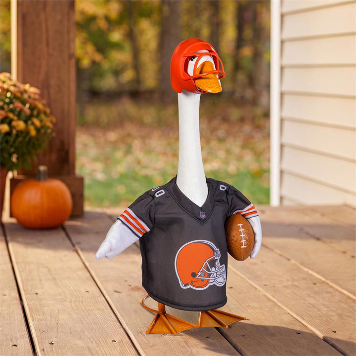Back of Cleveland Browns outfit on decorative goose showing orange BROWNS lettering and white 00 numerals; goose not included