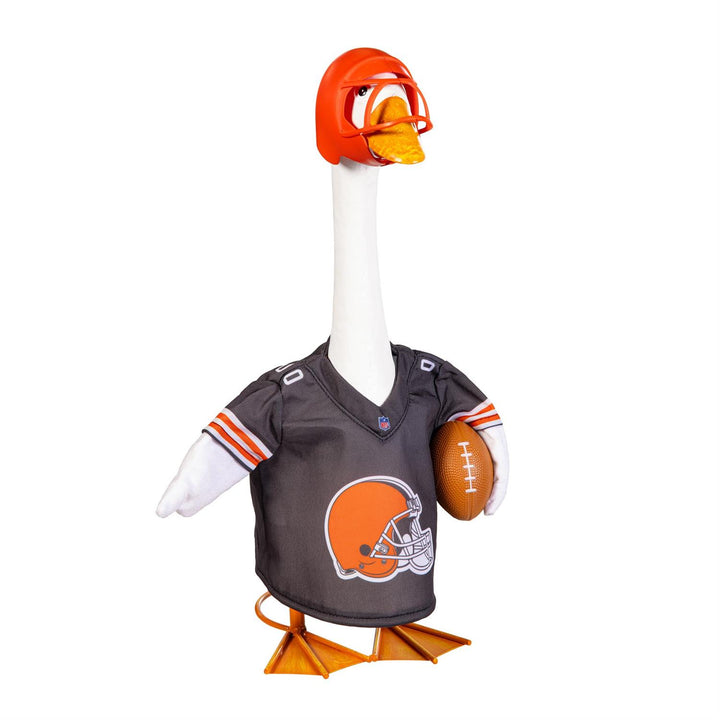 Cleveland Browns porch goose outfit with dark jersey, orange helmet accessory, and decorative football detail