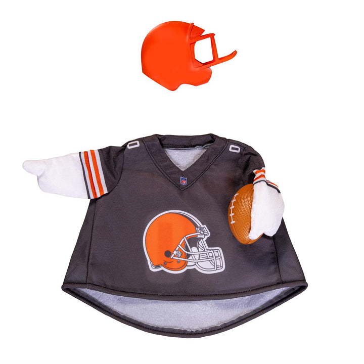 Rear of Cleveland Browns jersey outfit with BROWNS 00 design and matching orange helmet shown without a goose