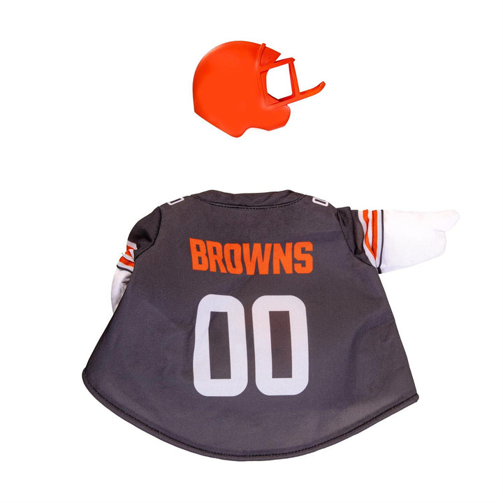 Front of Cleveland Browns goose outfit showing helmet graphic, striped sleeves, football detail, and orange helmet accessory