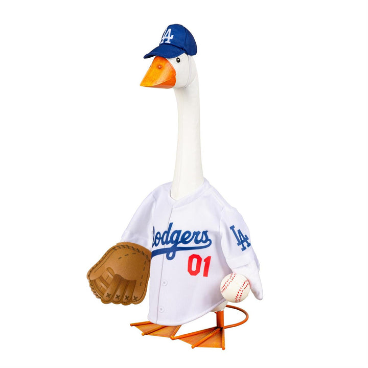 Licensed Dodgers jersey with blue script and red 01, LA cap and baseball details shown without goose