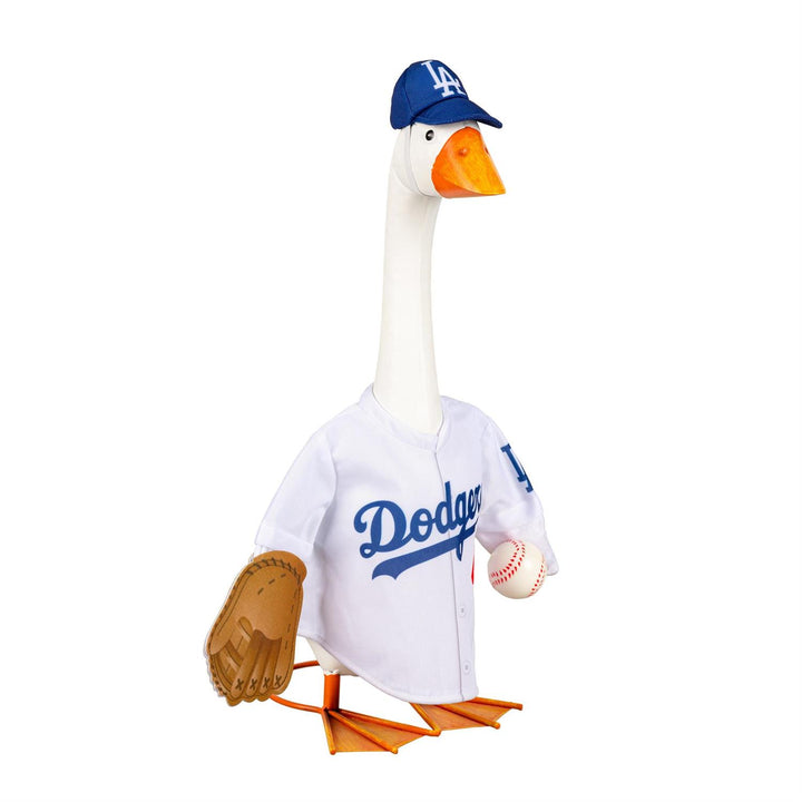 Los Angeles Dodgers porch goose outfit with white jersey, blue LA cap, tan glove and baseball details