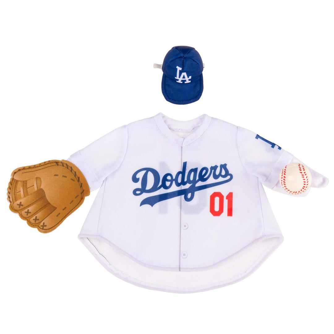 Angled view of Dodgers porch goose costume showing white jersey, blue cap and baseball accents
