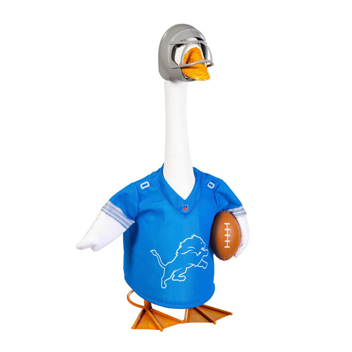 21-inch porch goose modeling Detroit Lions football outfit on an autumn porch