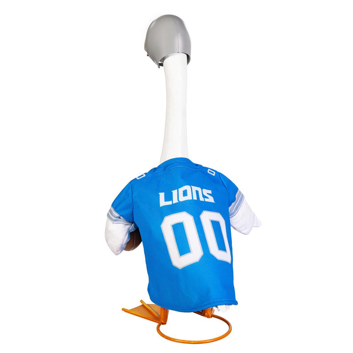 Front of licensed Detroit Lions goose outfit with lion logo, football accent and gray helmet