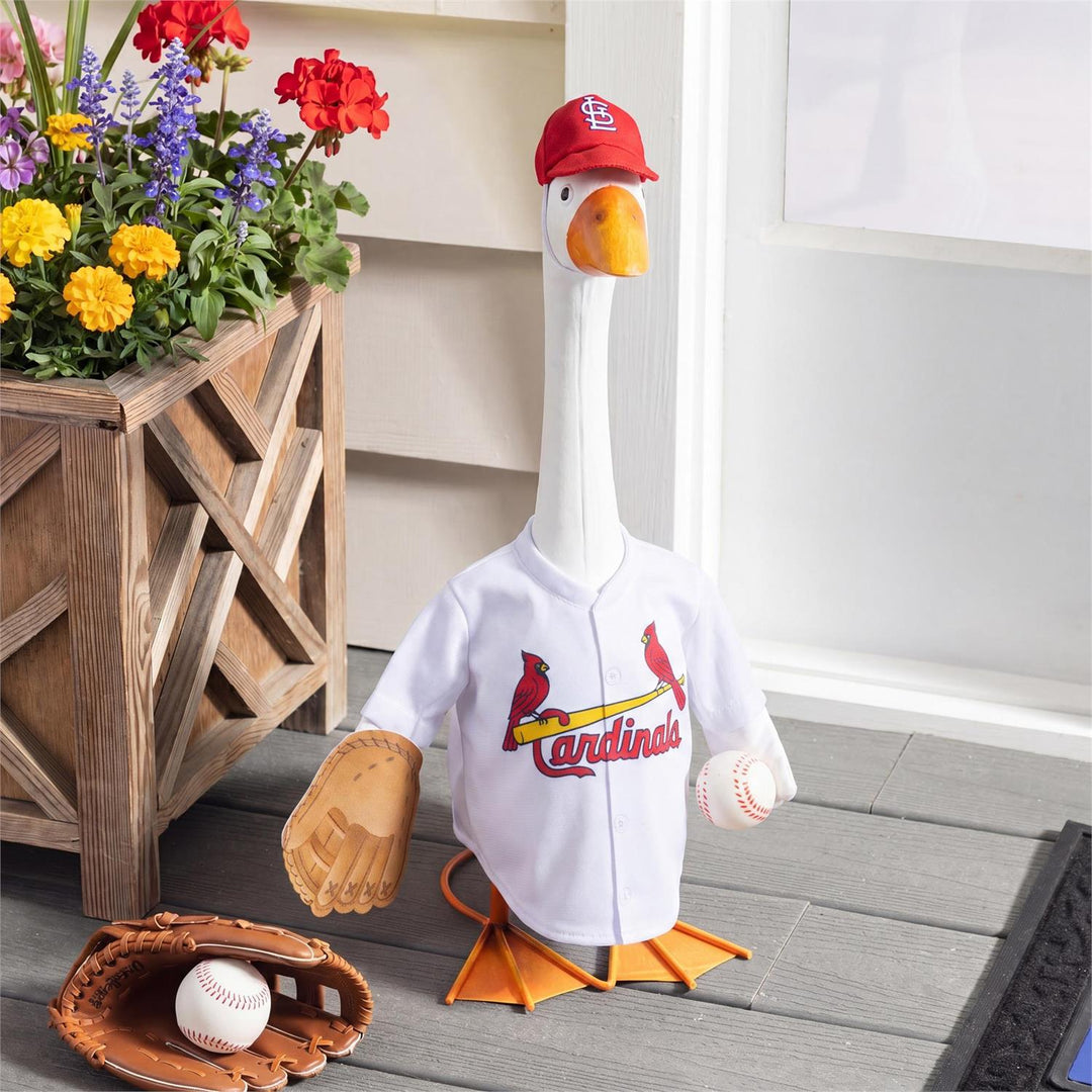 Licensed St. Louis Cardinals porch goose outfit with white jersey, red STL cap, glove and baseball accents