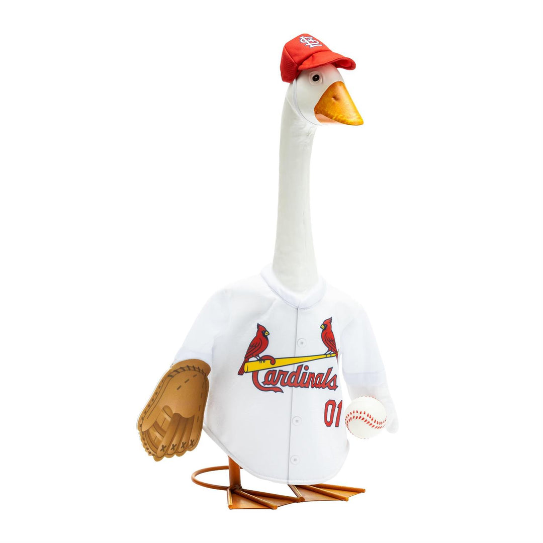 Rear view of Cardinals goose jersey with red 01 and MLB logo detail
