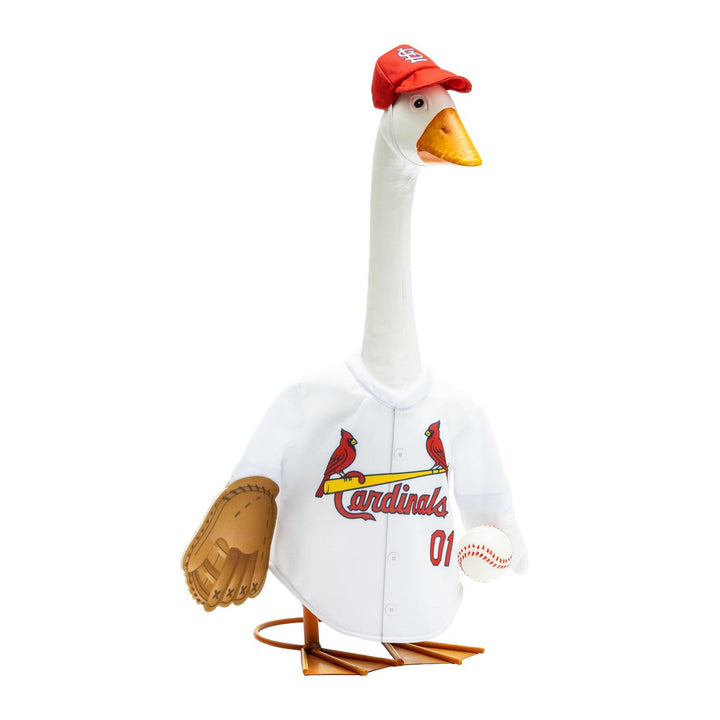 Rear view of Cardinals goose jersey with red 01 and MLB logo detail