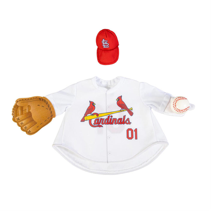 Rear view of Cardinals porch goose costume with red STL cap and glove accent