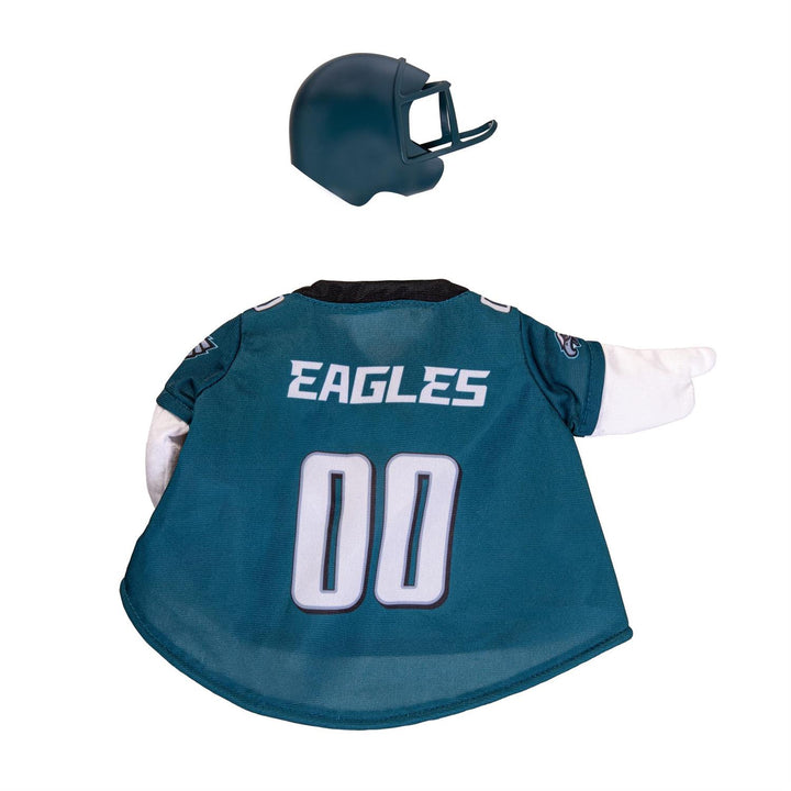 Back of Philadelphia Eagles goose jersey with EAGLES lettering and 00 beside matching helmet
