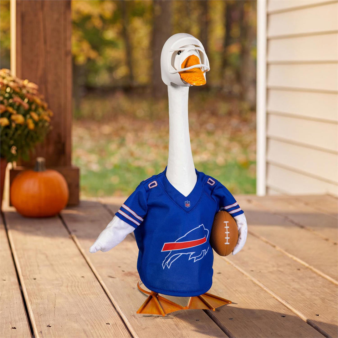 Buffalo Bills porch goose outfit modeled on a goose with blue jersey, white helmet and football accent