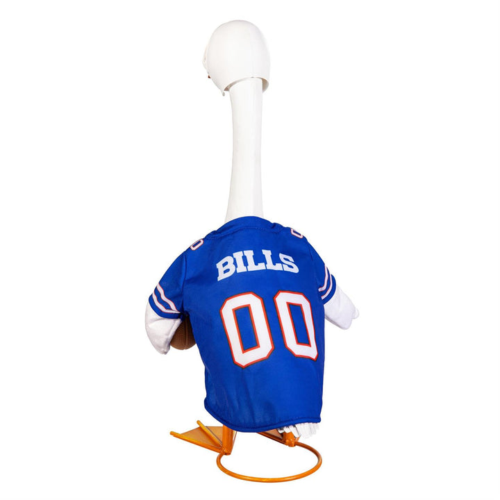Front of licensed Buffalo Bills goose outfit with charging buffalo logo, football accent and white helmet