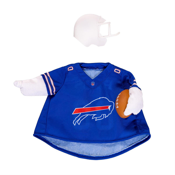 Back of blue Buffalo Bills porch goose outfit and white football helmet, goose not included