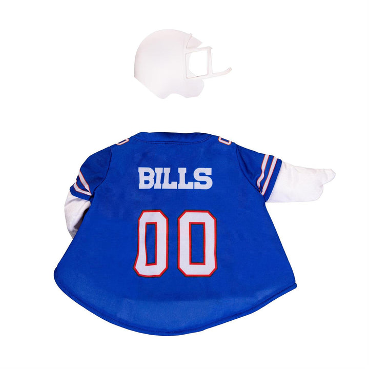 21-inch porch goose modeling a Buffalo Bills football outfit on an autumn porch