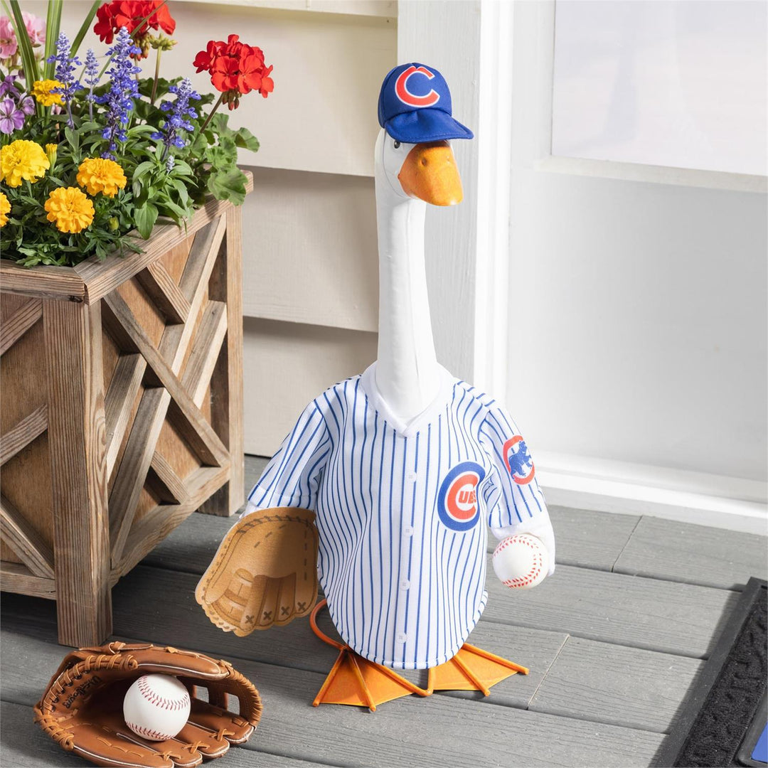 Licensed Chicago Cubs porch goose outfit with blue pinstripe jersey, blue C cap, glove and baseball accents