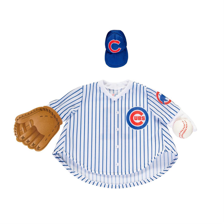 Back of Cubs pinstripe goose jersey with MLB logo and 01 beside matching blue cap