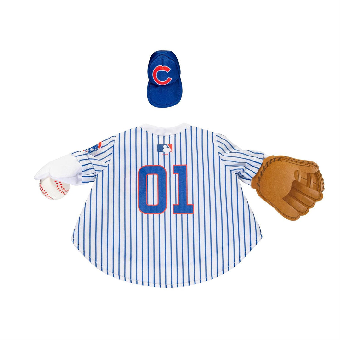 Porch goose modeling Chicago Cubs baseball outfit beside a flower planter