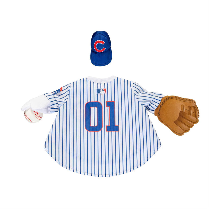 Porch goose modeling Chicago Cubs baseball outfit beside a flower planter