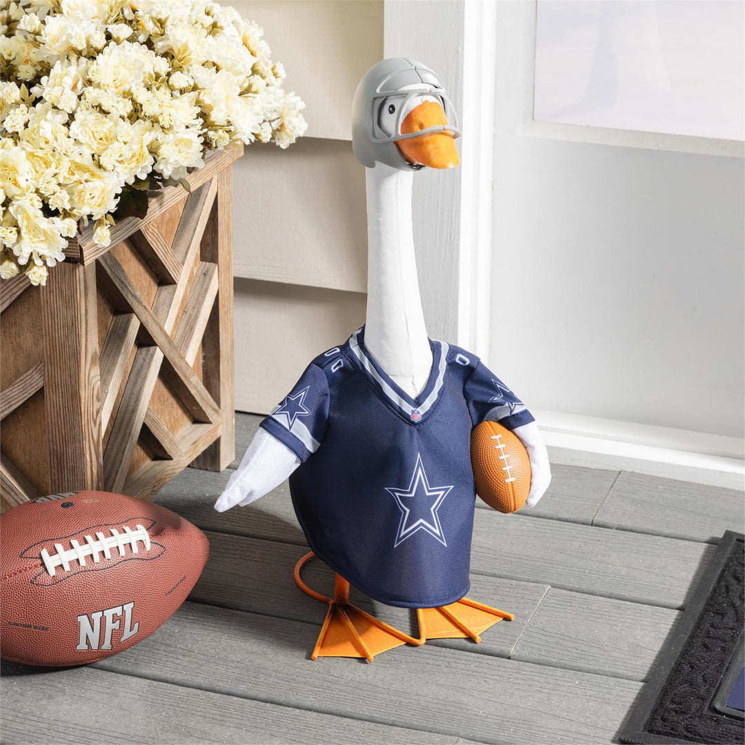 Dallas Cowboys NFL porch goose outfit on a 21-inch goose with navy star jersey, silver helmet and football accent