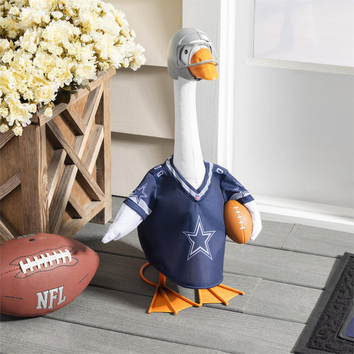 Dallas Cowboys NFL porch goose outfit on a 21-inch goose with navy star jersey, silver helmet and football accent