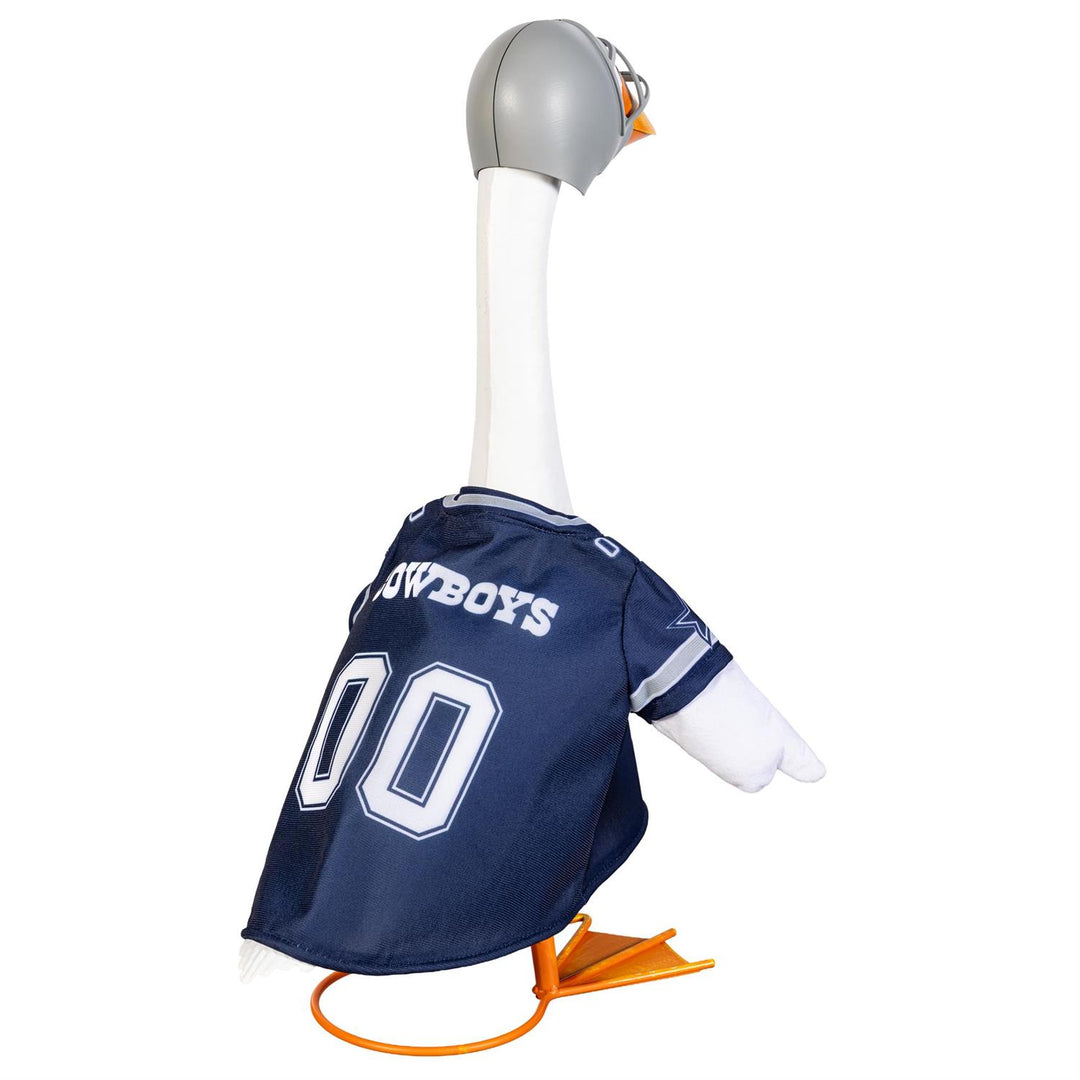 Rear angled view of porch goose wearing navy Dallas Cowboys jersey and silver helmet