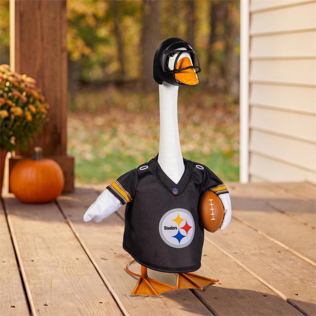 Pittsburgh Steelers black football jersey goose outfit with decorative football and matching black helmet, without goose