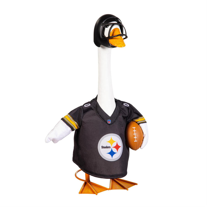 Steelers football outfit modeled on a decorative porch goose beside a pumpkin; goose not included