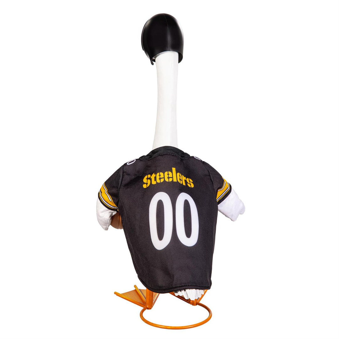 Front view of Steelers porch goose outfit with team logo, gold-toned sleeve stripes, black helmet, and football detail