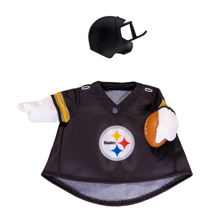 Back of Steelers black jersey goose outfit with gold-toned Steelers lettering, white 00 numerals, and matching helmet