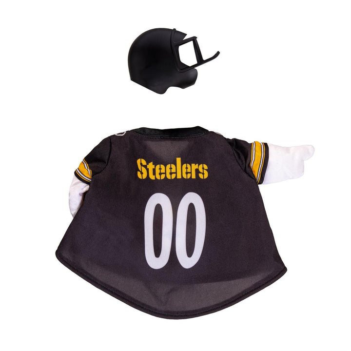 Rear view of Steelers outfit on decorative goose showing Steelers lettering and white 00 numerals; goose not included