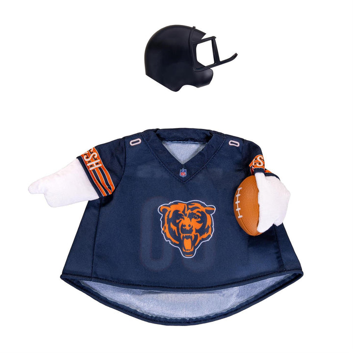 Porch goose modeling Chicago Bears jersey and helmet on a fall porch