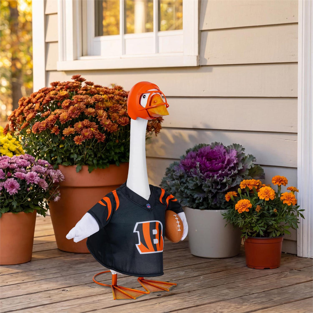 Cincinnati Bengals porch goose outfit modeled on a goose with black jersey, orange helmet and football accent