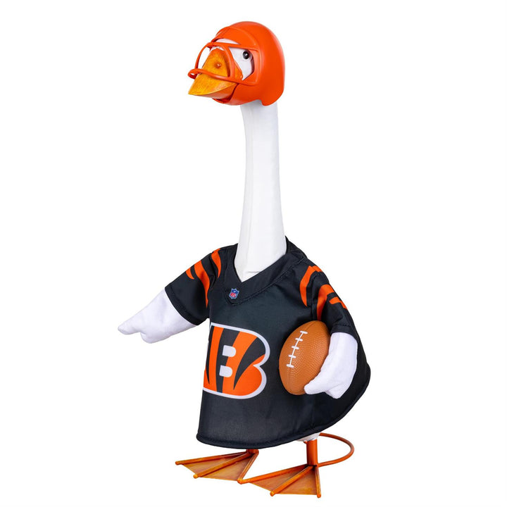 Licensed Cincinnati Bengals goose outfit with striped B logo, orange shoulder accents and orange helmet