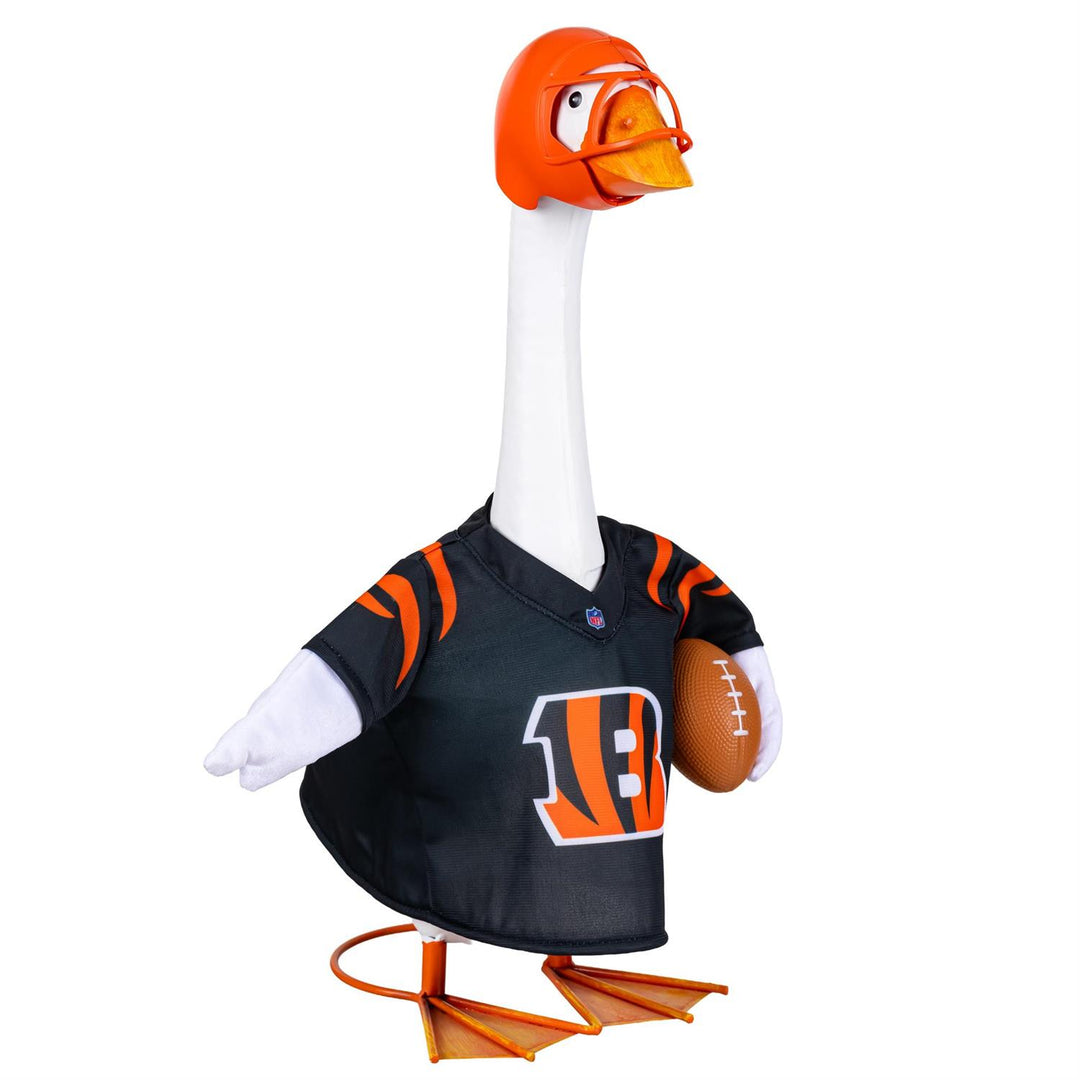 Angled view of Bengals porch goose costume showing black jersey and brown football accent