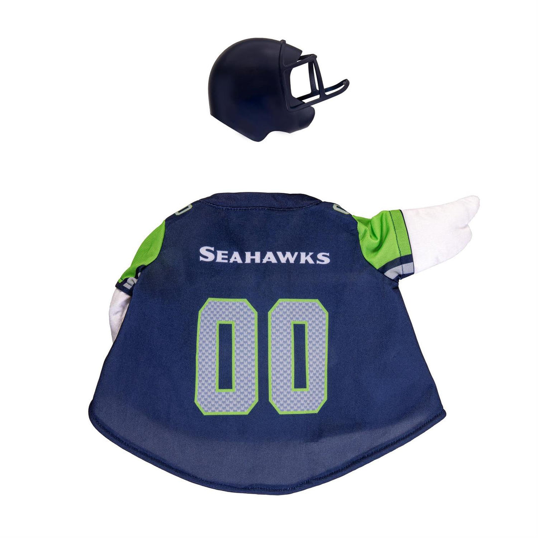 Rear view of porch goose modeling Seahawks 00 jersey and navy football helmet