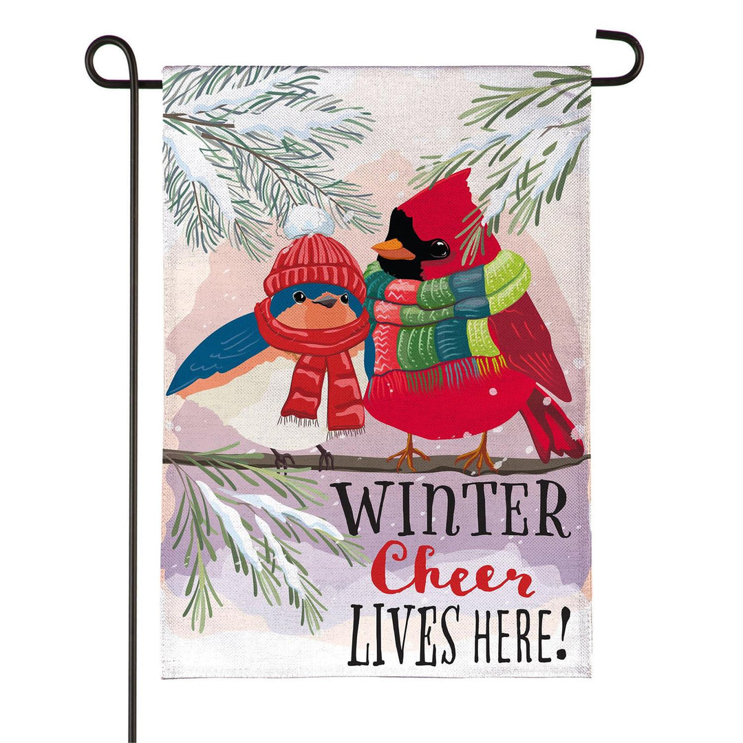 Winter Cheer flag specifications showing double-layer woven polyester and approximately 2-inch pole sleeve