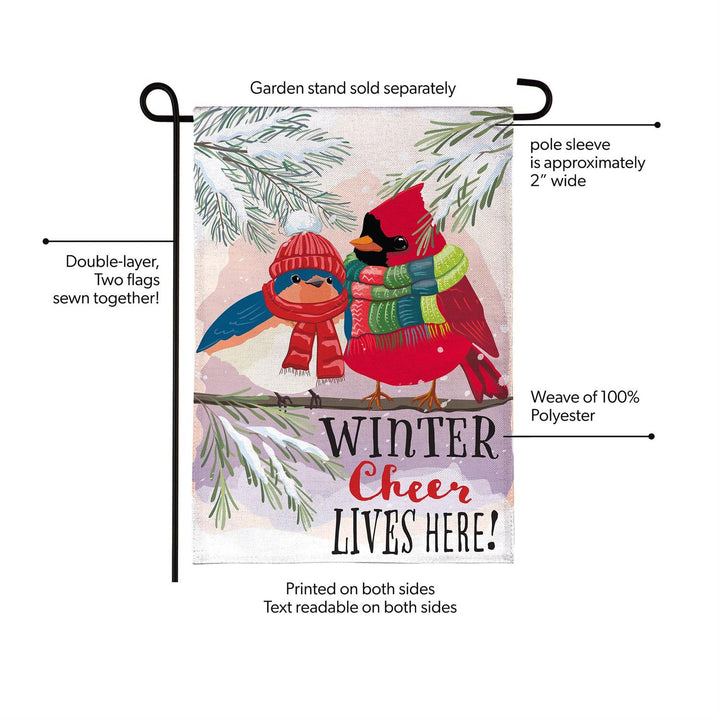 Winter Cheer Portly Birds burlap garden flag with red cardinal and blue bird in winter scarves