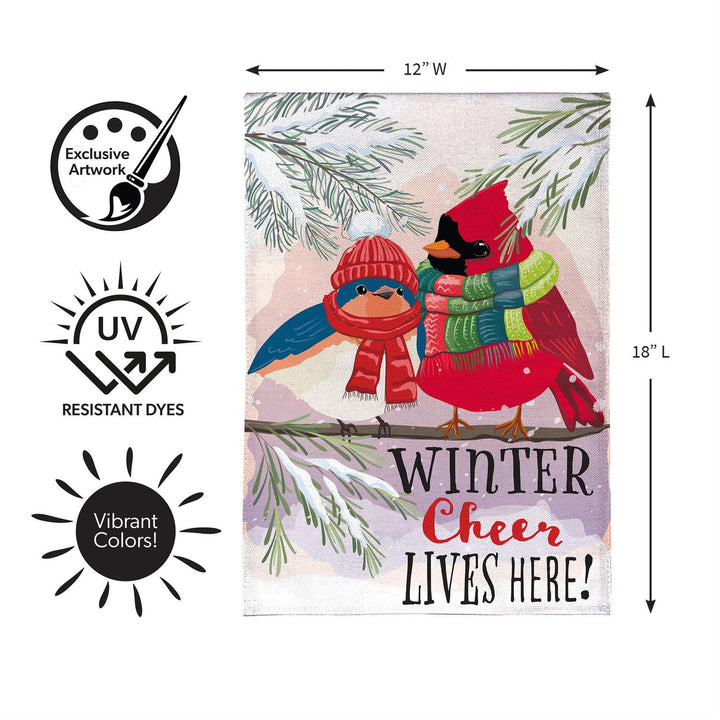 Winter Cheer flag size graphic labeled 12 inches wide by 18 inches long