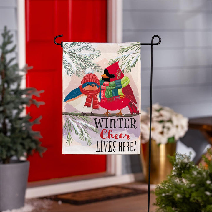Front and back of Winter Cheer Portly Birds flag with Winter Cheer Lives Here text readable on both sides
