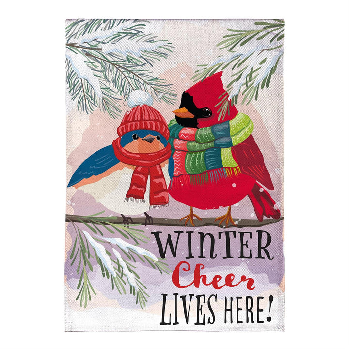 Winter Cheer Portly Birds garden flag displayed on a porch beside a sled