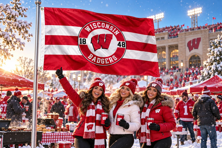 Wisconsin Badgers flag flying above fans at a snowy football tailgate outside a stadium