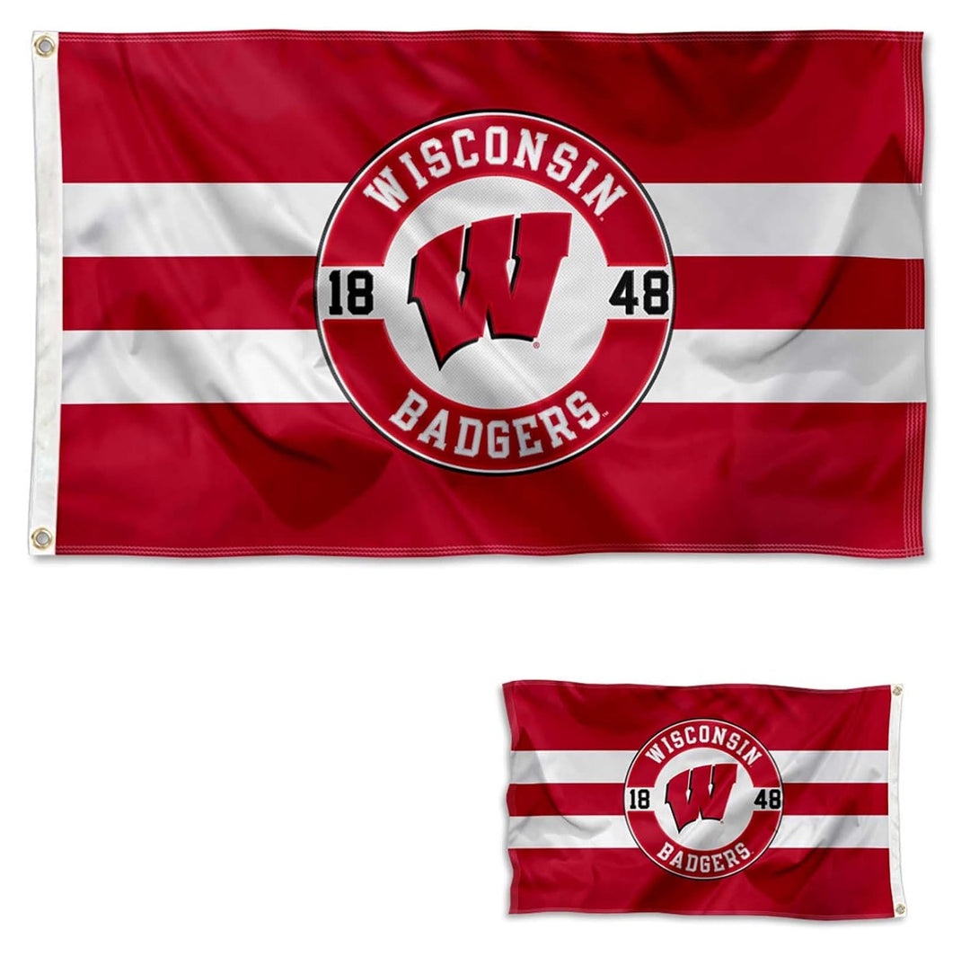 Front and back of Wisconsin Badgers red and white 3x5 flag with central W emblem and 1848 numerals