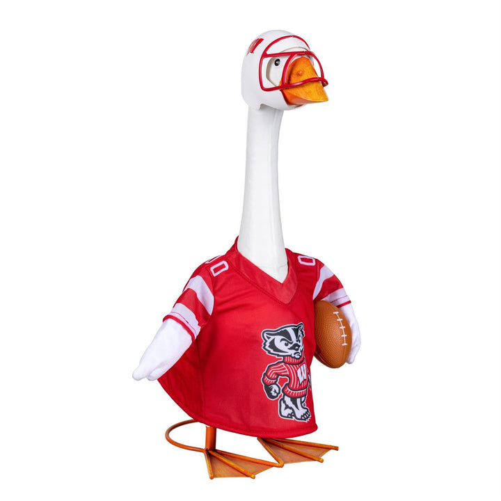 Wisconsin Badgers football goose outfit with red Bucky Badger jersey, football accent and white helmet