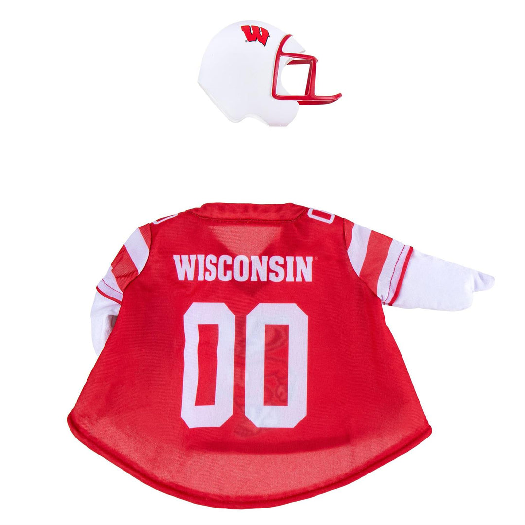 Front view of Wisconsin Badgers goose outfit with white helmet and red faceguard; goose not included